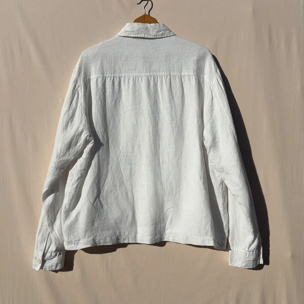 Zara‎ White 100% Linen Utility Jacket Womens XL Button Front Lined Workwear Coat